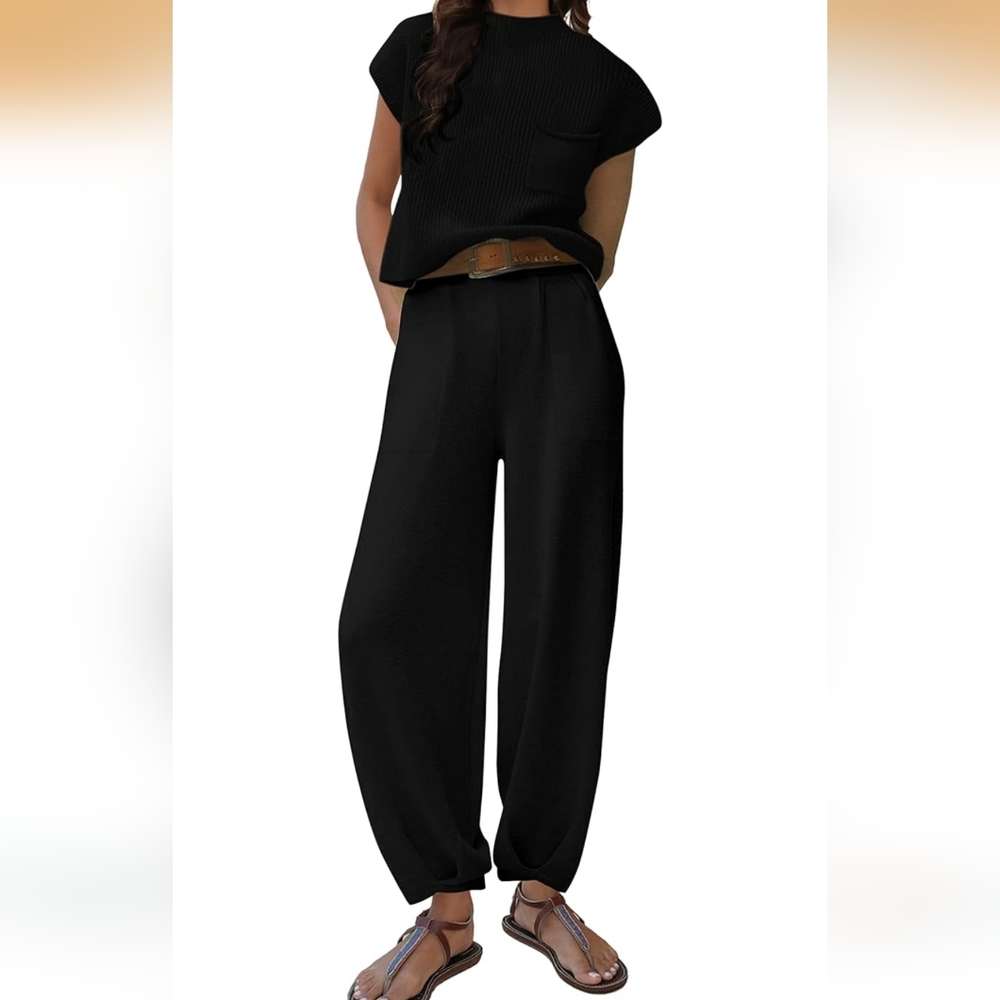 Women's Black Wide-Leg Pants/Matching Top Set